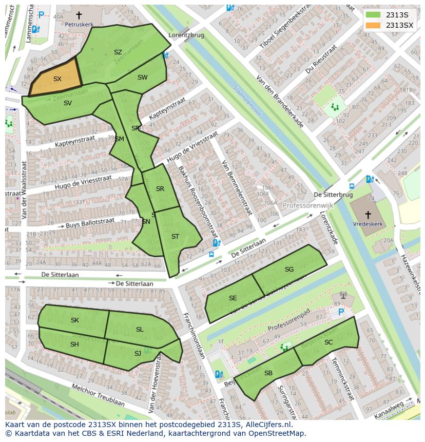 Afbeelding van het postcodegebied 2313 SX op de kaart.