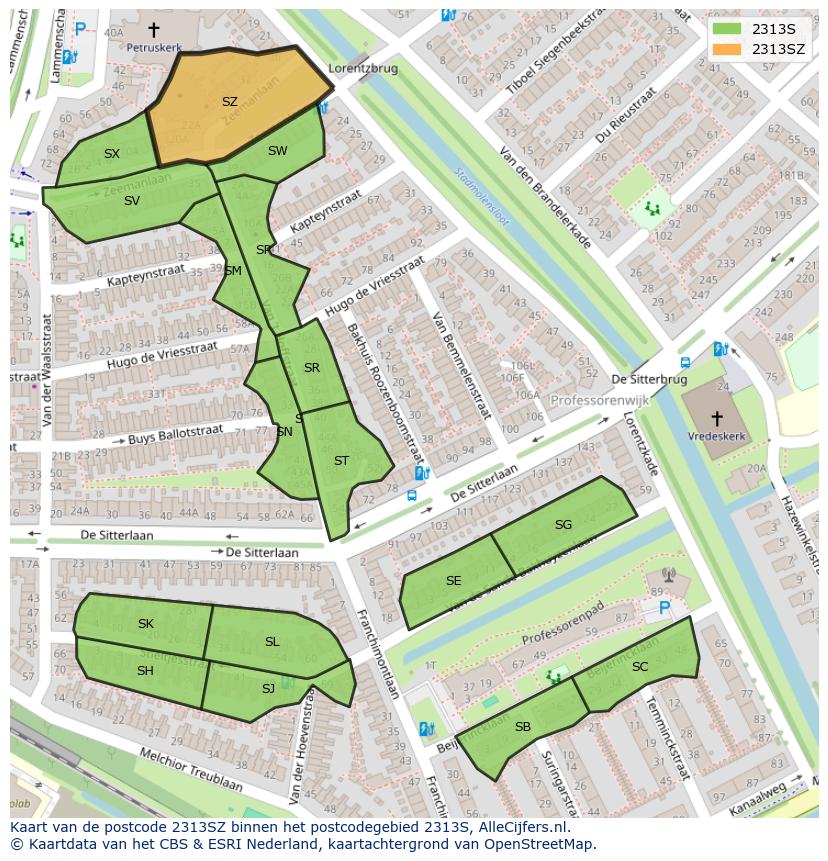 Afbeelding van het postcodegebied 2313 SZ op de kaart.