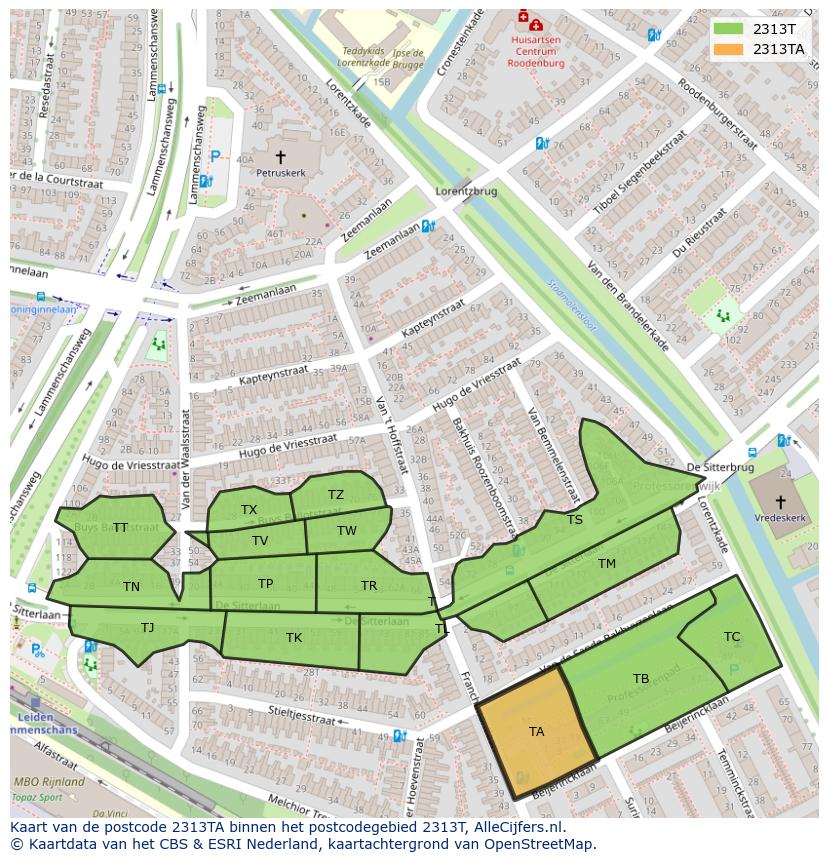 Afbeelding van het postcodegebied 2313 TA op de kaart.