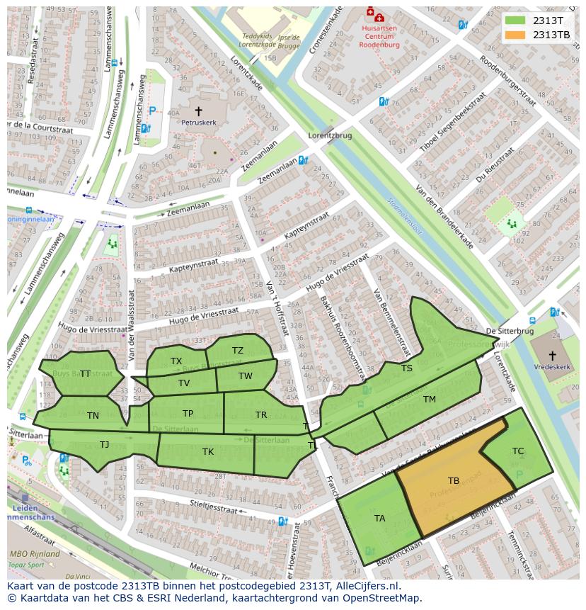 Afbeelding van het postcodegebied 2313 TB op de kaart.