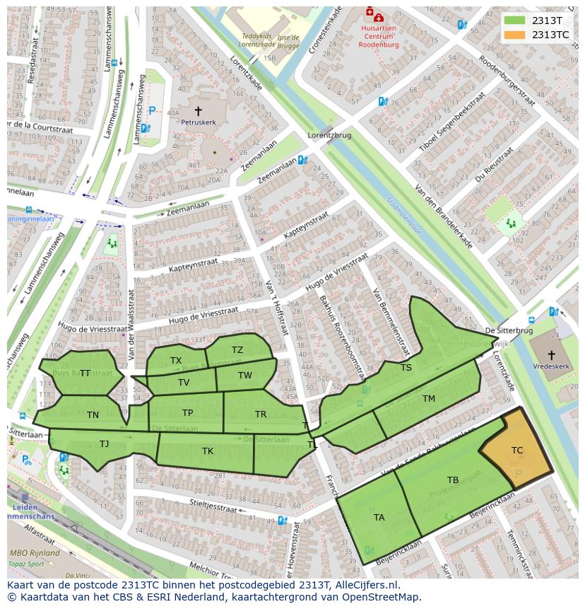 Afbeelding van het postcodegebied 2313 TC op de kaart.