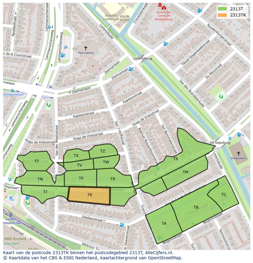 Afbeelding van het postcodegebied 2313 TK op de kaart.