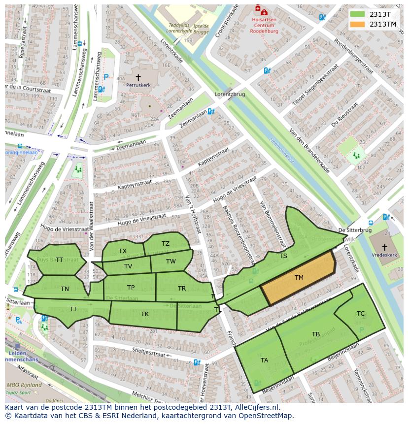 Afbeelding van het postcodegebied 2313 TM op de kaart.