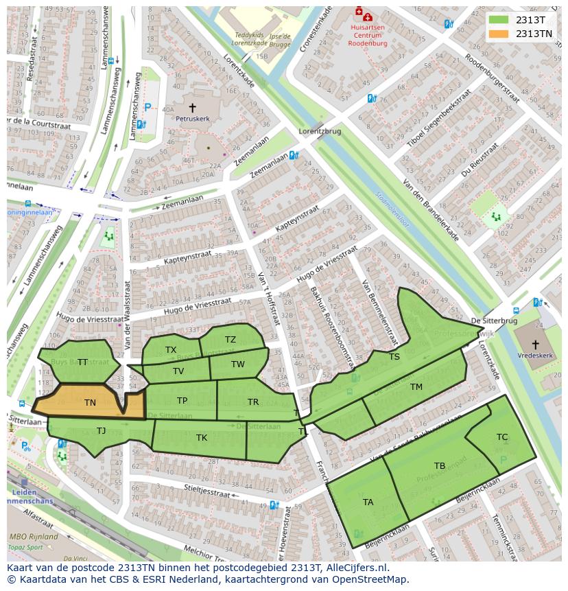 Afbeelding van het postcodegebied 2313 TN op de kaart.
