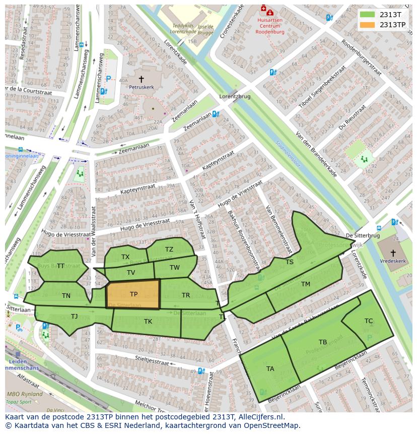 Afbeelding van het postcodegebied 2313 TP op de kaart.