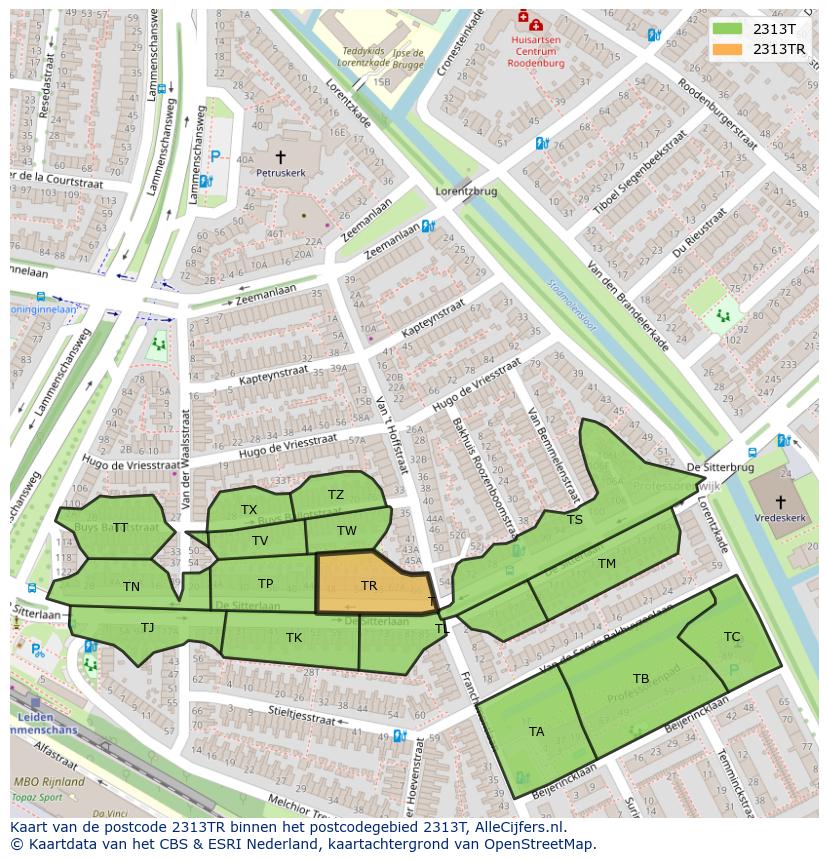 Afbeelding van het postcodegebied 2313 TR op de kaart.