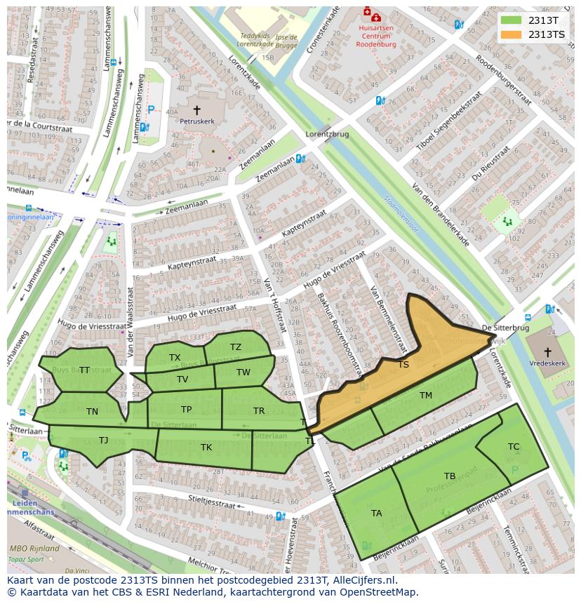Afbeelding van het postcodegebied 2313 TS op de kaart.