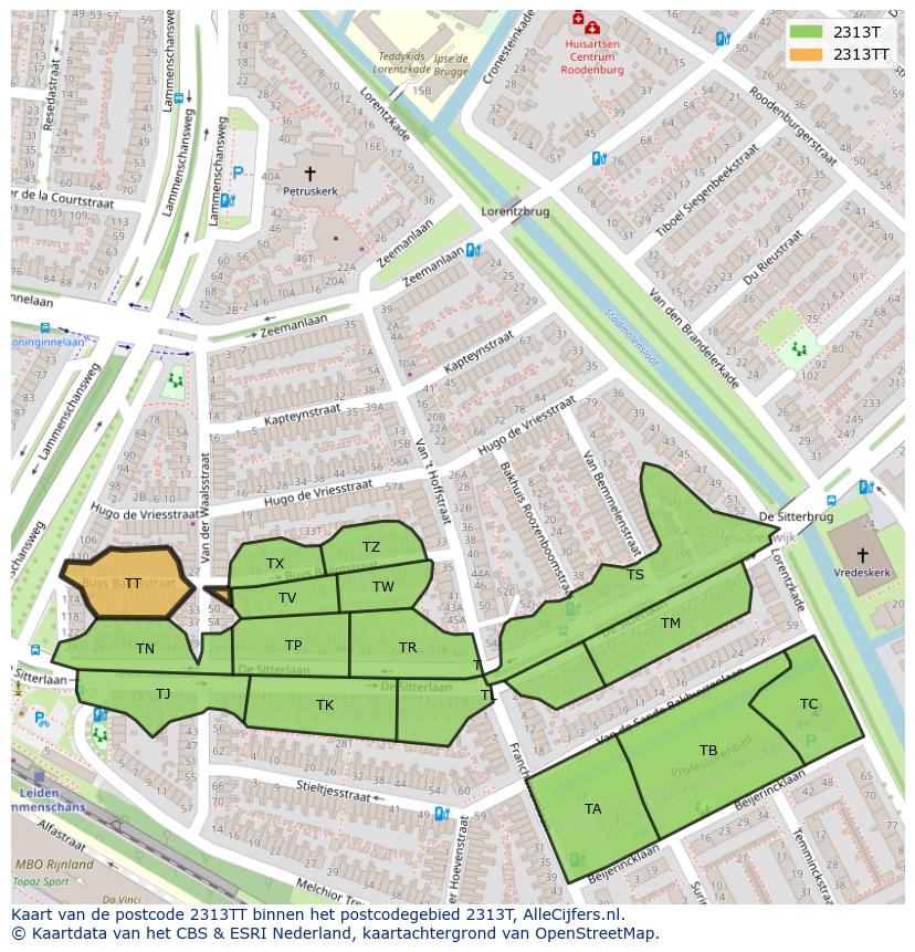 Afbeelding van het postcodegebied 2313 TT op de kaart.