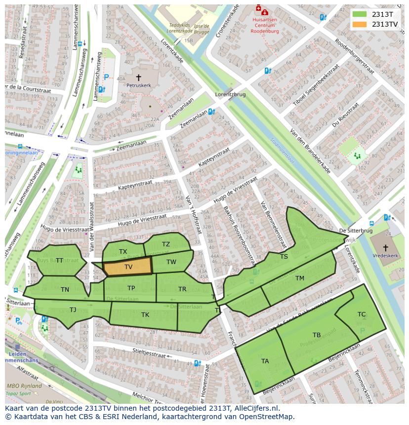Afbeelding van het postcodegebied 2313 TV op de kaart.