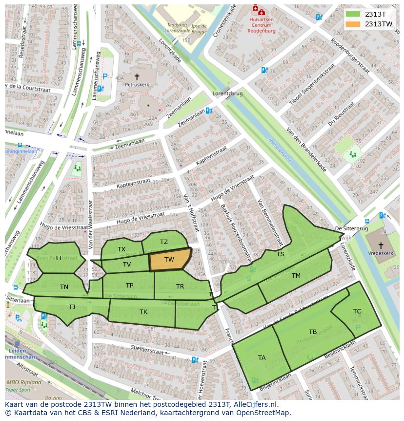 Afbeelding van het postcodegebied 2313 TW op de kaart.