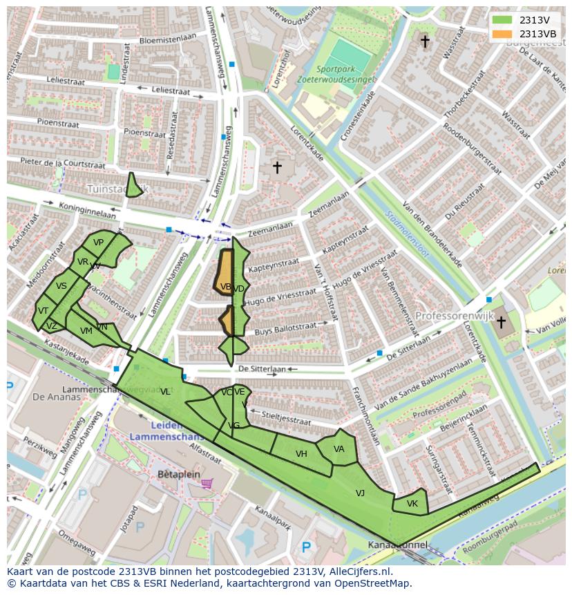 Afbeelding van het postcodegebied 2313 VB op de kaart.