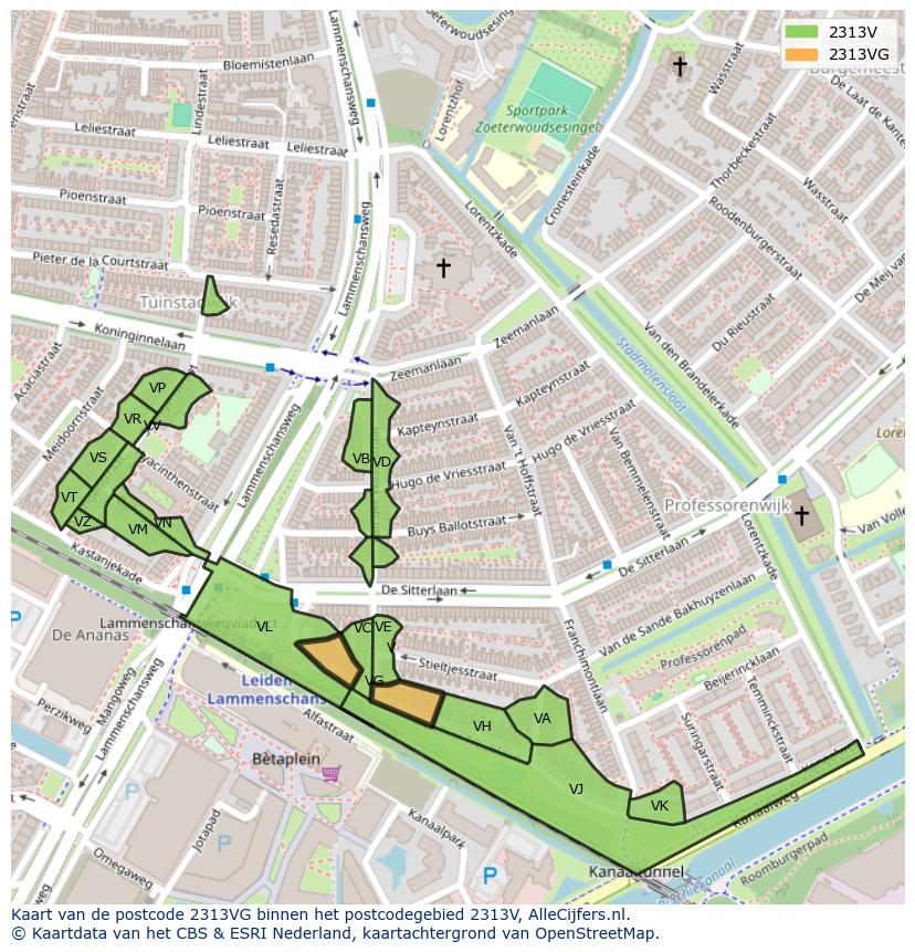 Afbeelding van het postcodegebied 2313 VG op de kaart.