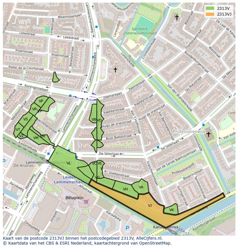 Afbeelding van het postcodegebied 2313 VJ op de kaart.