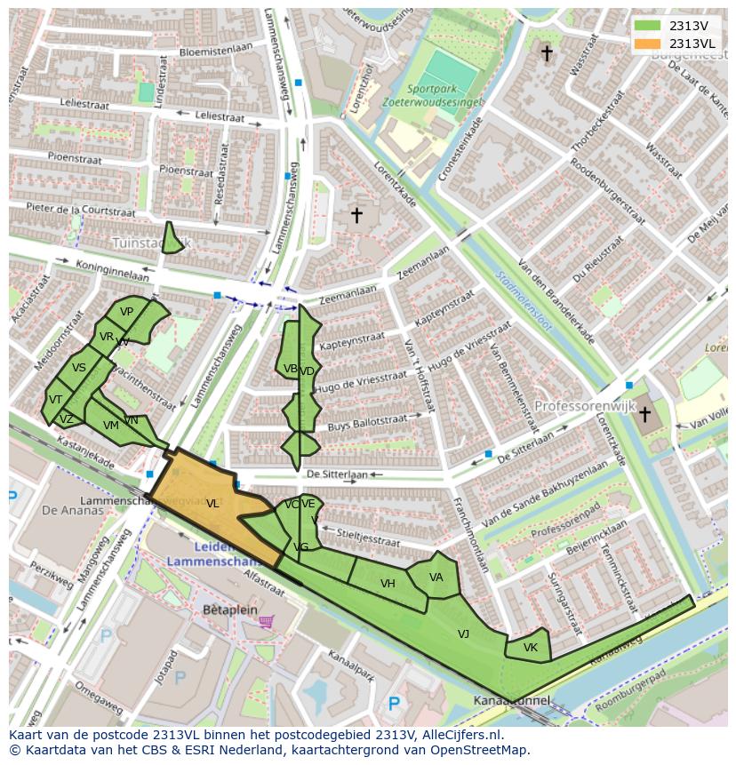 Afbeelding van het postcodegebied 2313 VL op de kaart.