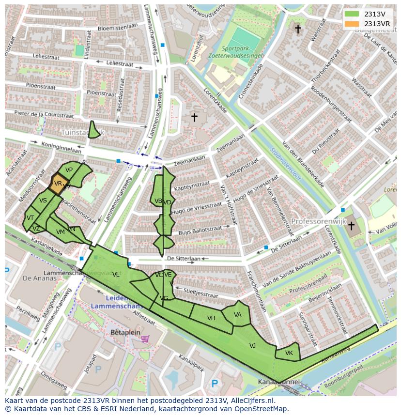 Afbeelding van het postcodegebied 2313 VR op de kaart.