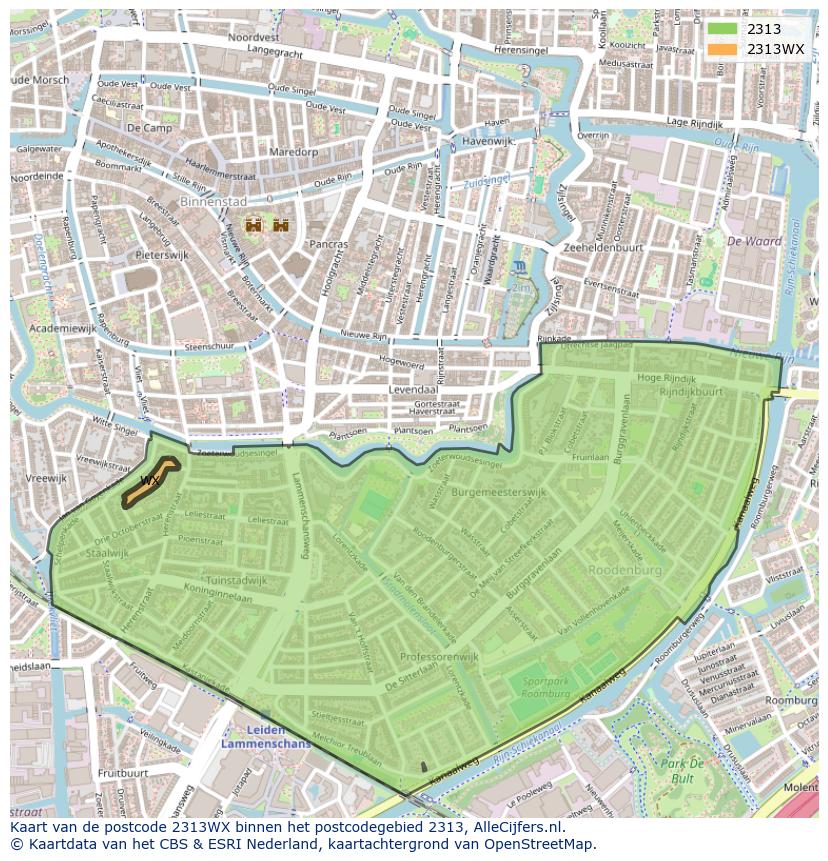 Afbeelding van het postcodegebied 2313 WX op de kaart.