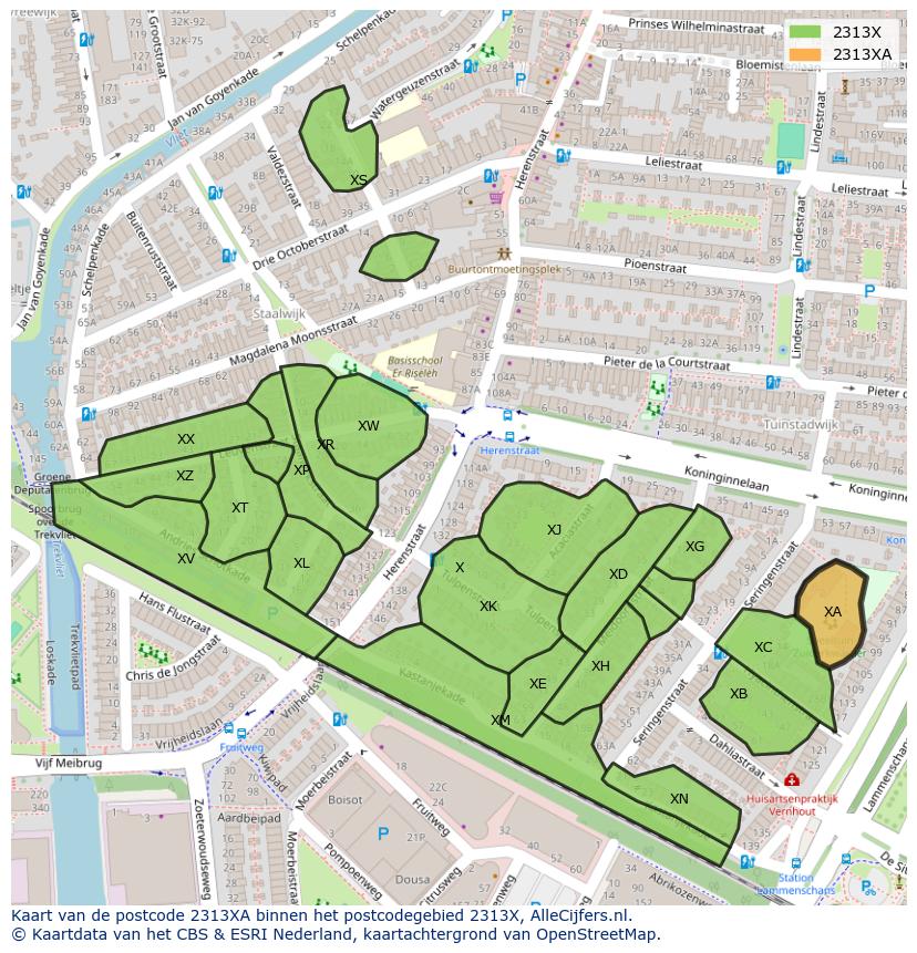 Afbeelding van het postcodegebied 2313 XA op de kaart.