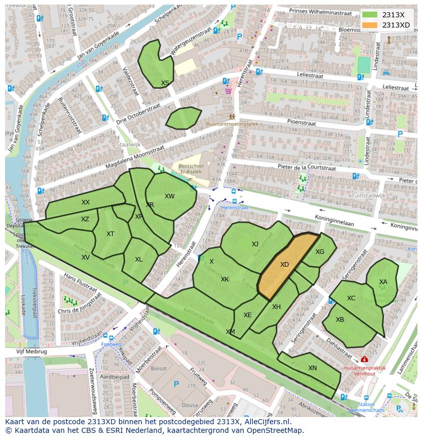 Afbeelding van het postcodegebied 2313 XD op de kaart.