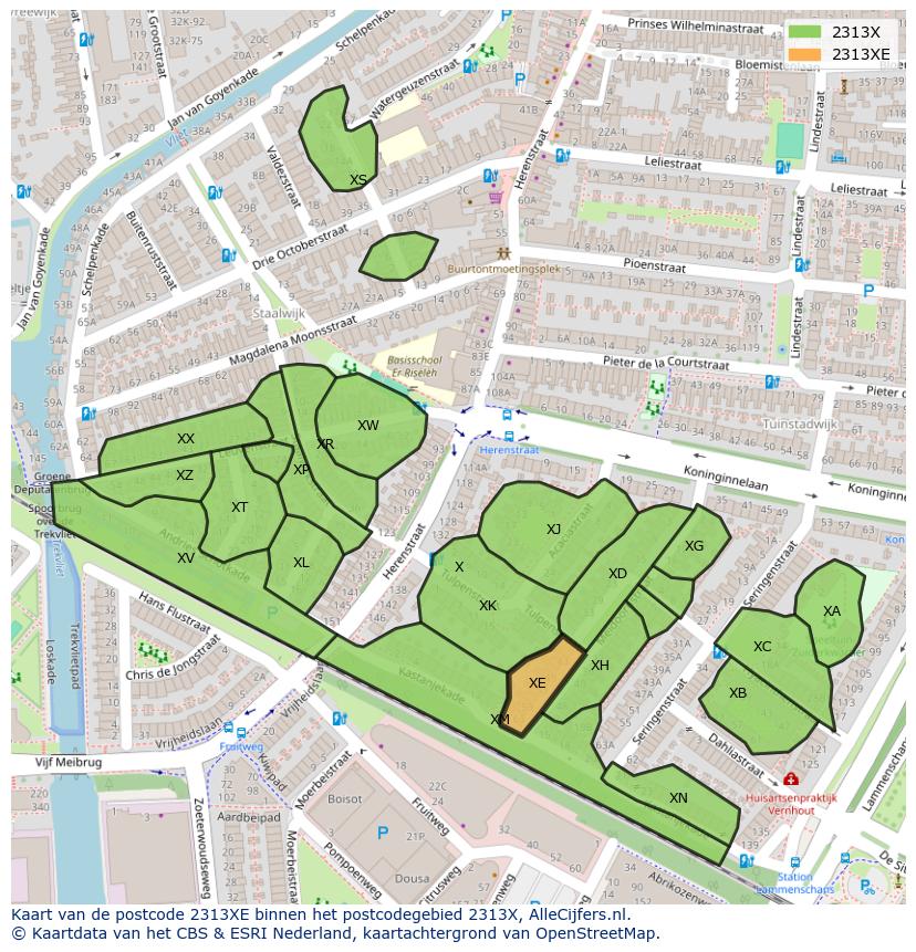Afbeelding van het postcodegebied 2313 XE op de kaart.