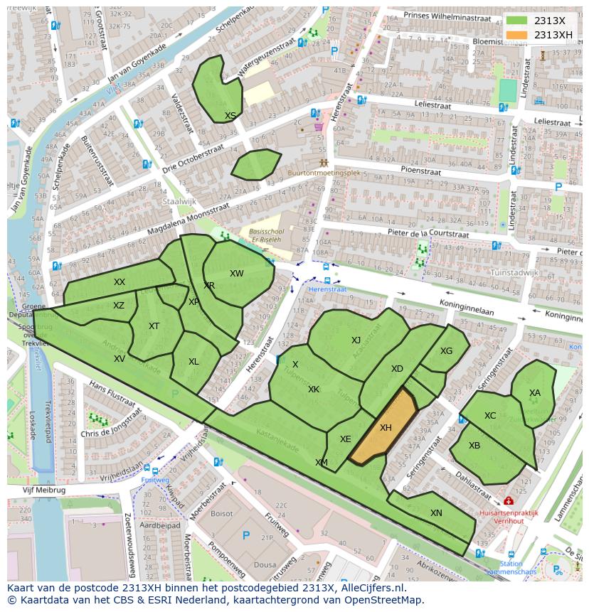 Afbeelding van het postcodegebied 2313 XH op de kaart.
