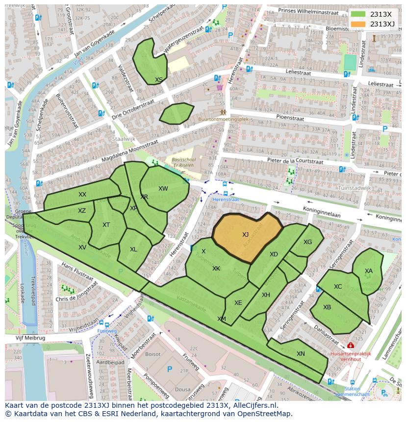 Afbeelding van het postcodegebied 2313 XJ op de kaart.