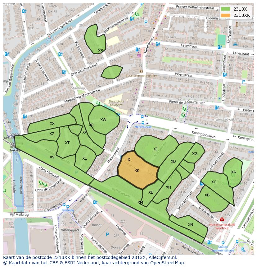 Afbeelding van het postcodegebied 2313 XK op de kaart.