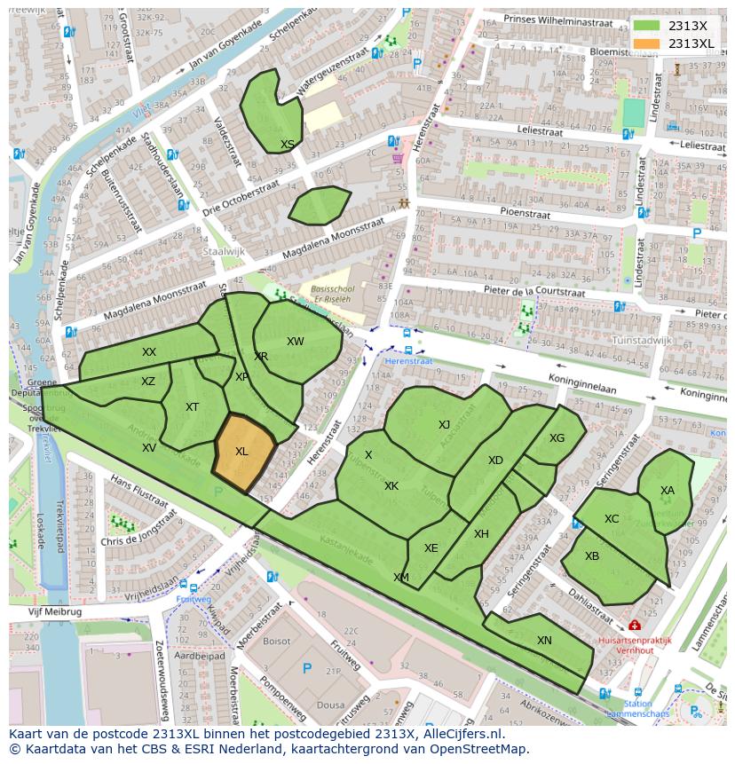 Afbeelding van het postcodegebied 2313 XL op de kaart.