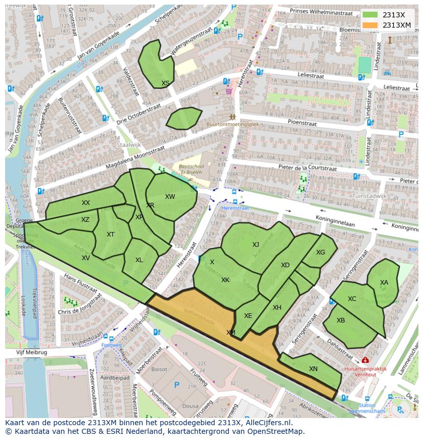 Afbeelding van het postcodegebied 2313 XM op de kaart.