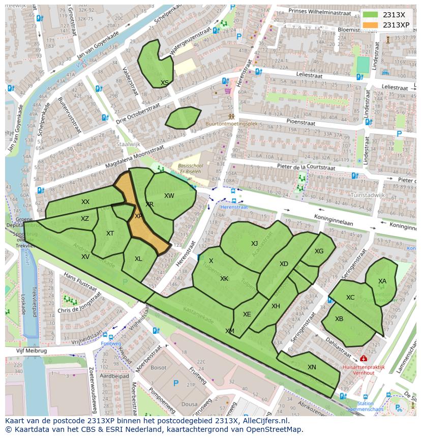 Afbeelding van het postcodegebied 2313 XP op de kaart.