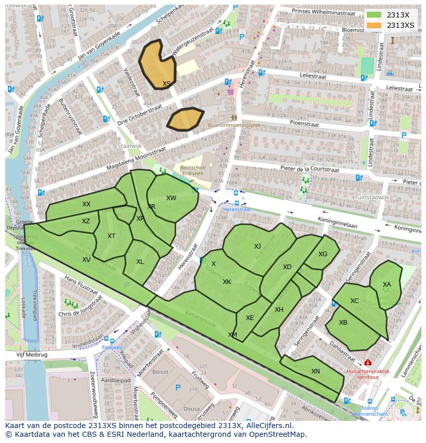 Afbeelding van het postcodegebied 2313 XS op de kaart.