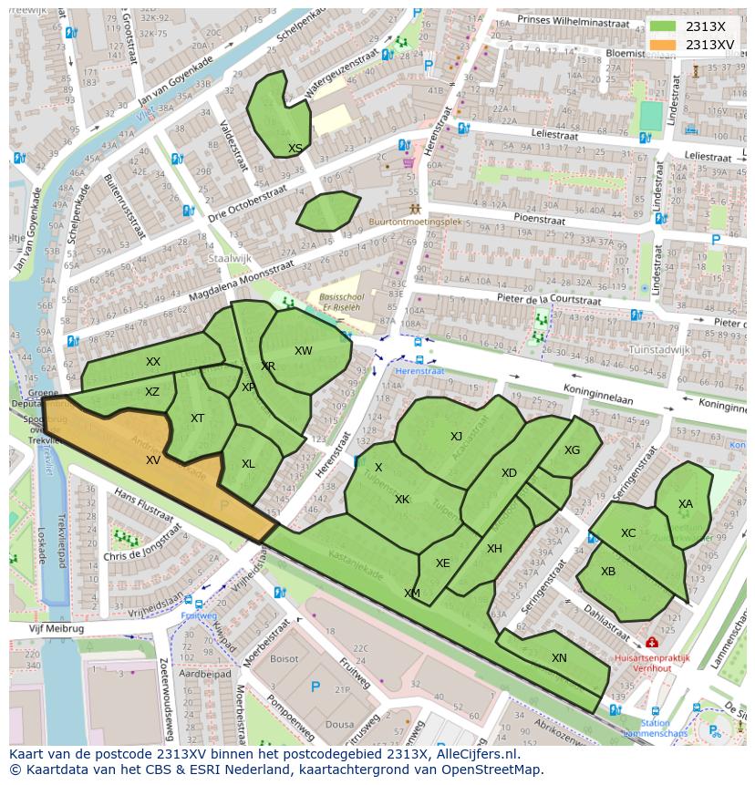 Afbeelding van het postcodegebied 2313 XV op de kaart.