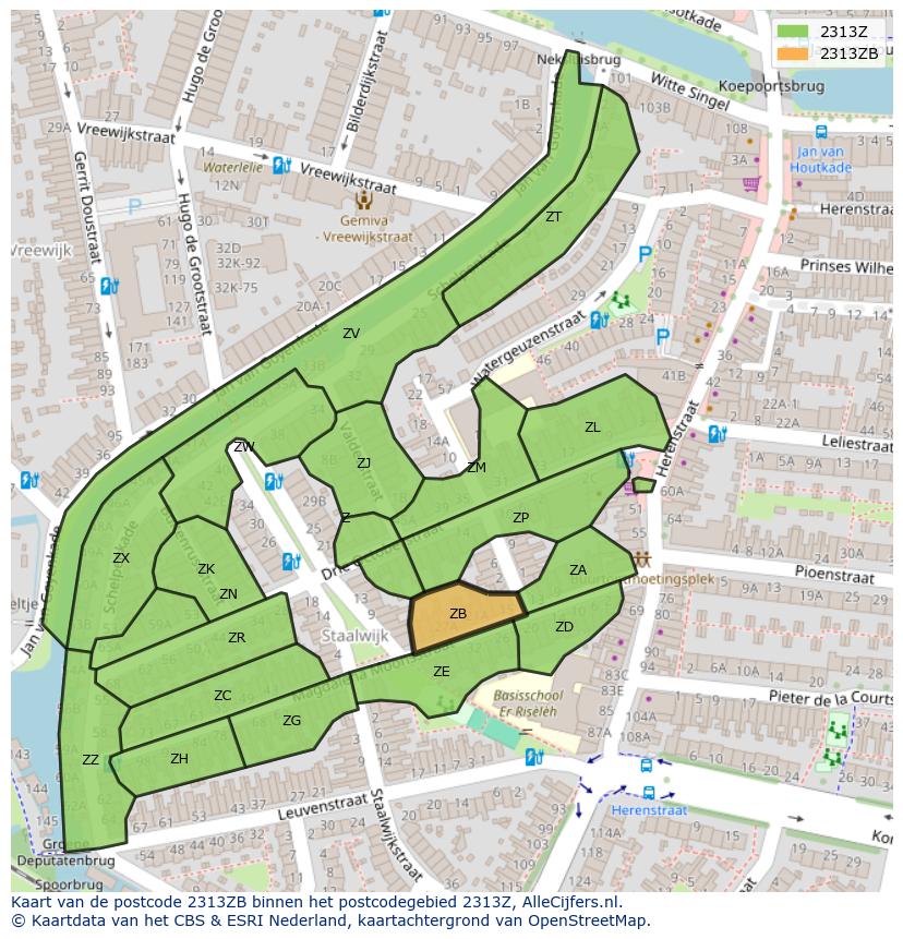 Afbeelding van het postcodegebied 2313 ZB op de kaart.