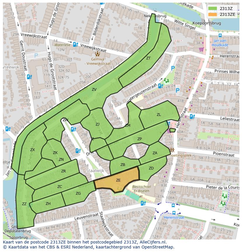 Afbeelding van het postcodegebied 2313 ZE op de kaart.