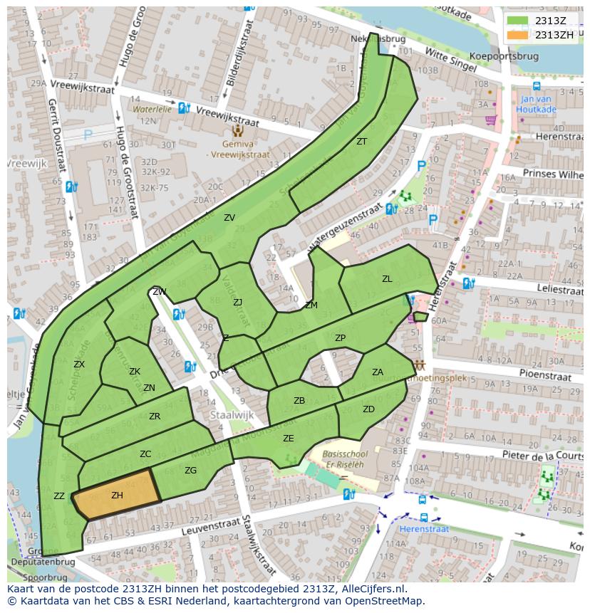 Afbeelding van het postcodegebied 2313 ZH op de kaart.