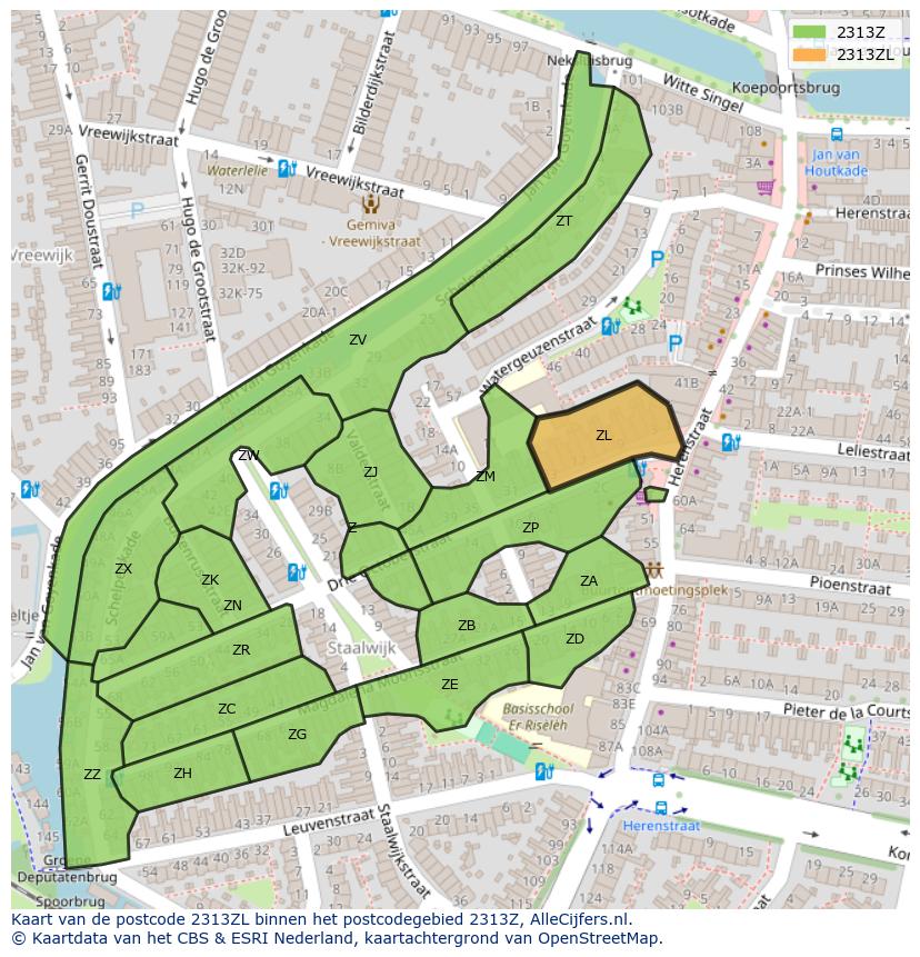 Afbeelding van het postcodegebied 2313 ZL op de kaart.