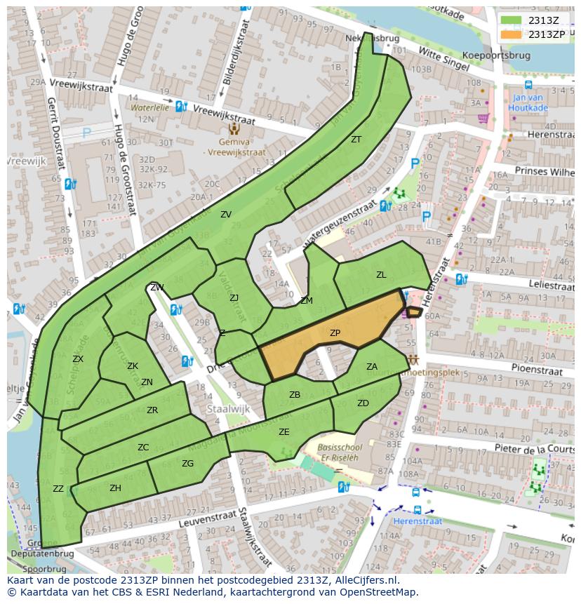 Afbeelding van het postcodegebied 2313 ZP op de kaart.