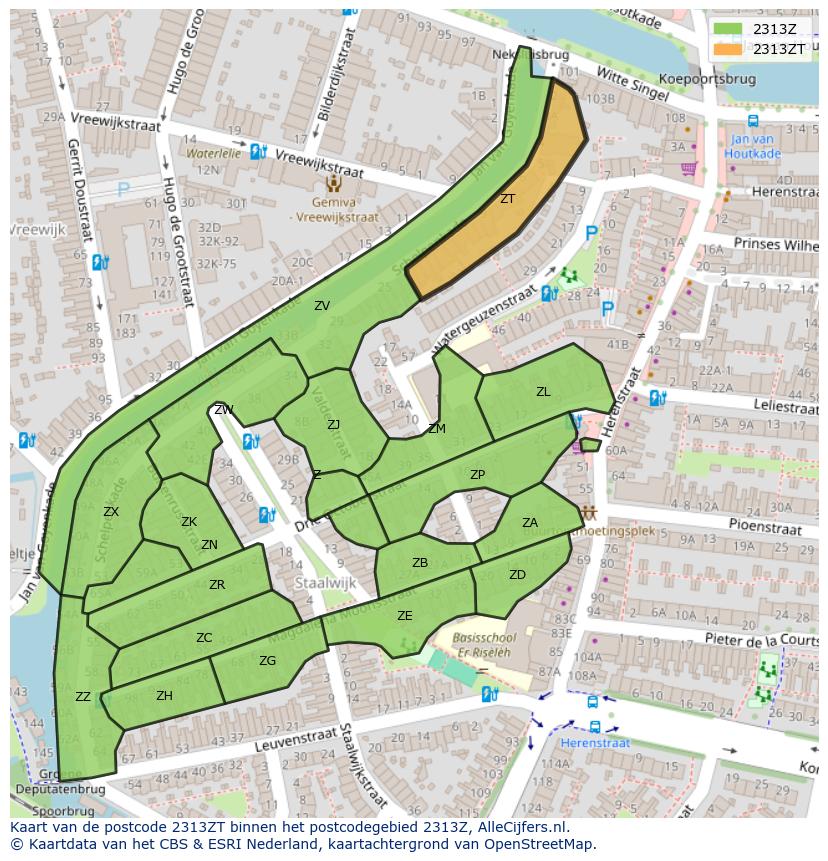 Afbeelding van het postcodegebied 2313 ZT op de kaart.