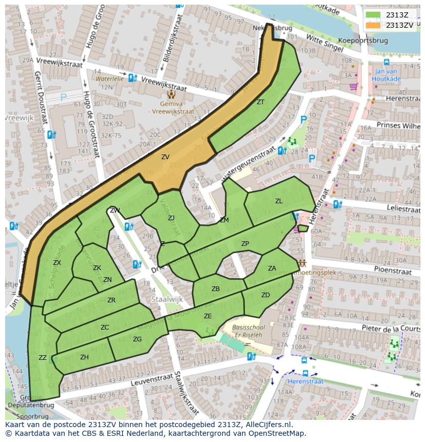 Afbeelding van het postcodegebied 2313 ZV op de kaart.