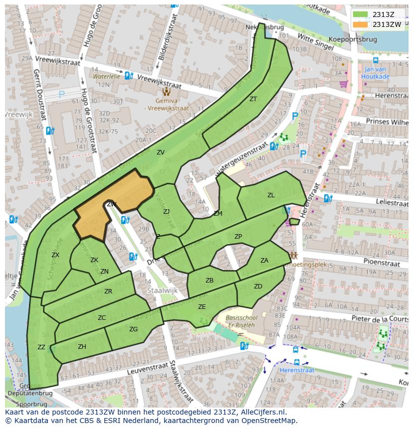 Afbeelding van het postcodegebied 2313 ZW op de kaart.