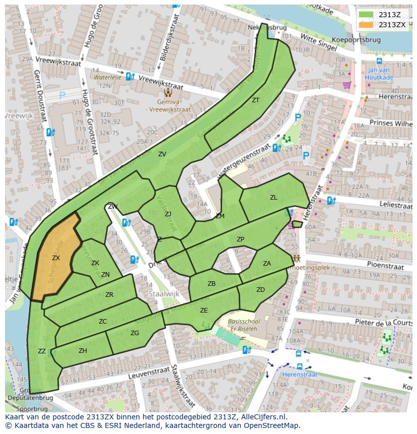 Afbeelding van het postcodegebied 2313 ZX op de kaart.