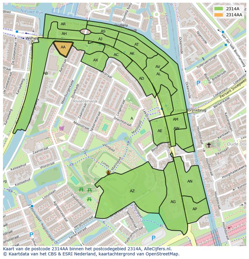 Afbeelding van het postcodegebied 2314 AA op de kaart.