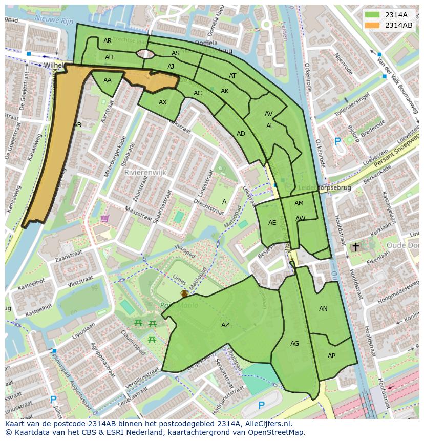 Afbeelding van het postcodegebied 2314 AB op de kaart.