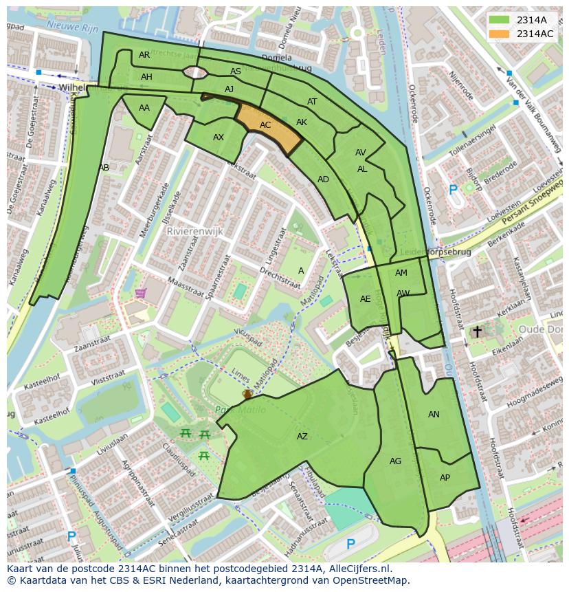 Afbeelding van het postcodegebied 2314 AC op de kaart.