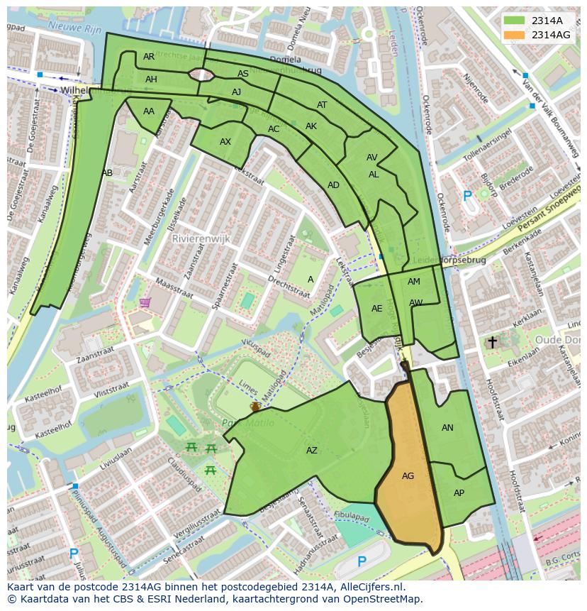 Afbeelding van het postcodegebied 2314 AG op de kaart.