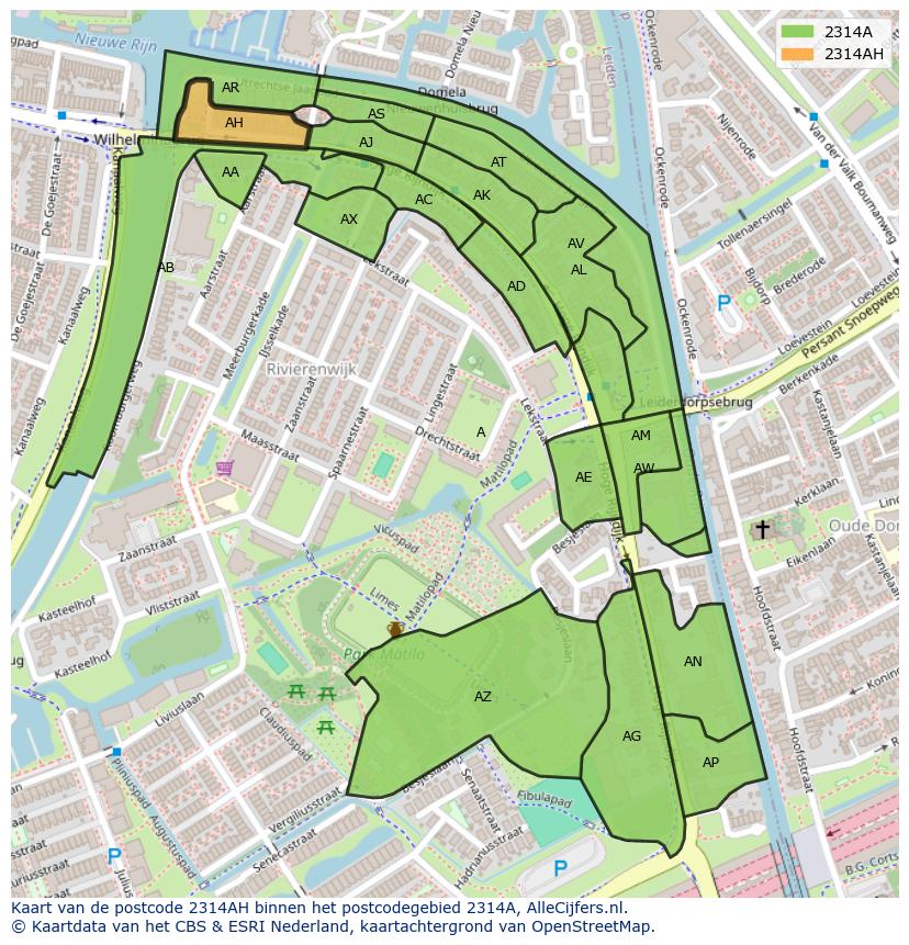 Afbeelding van het postcodegebied 2314 AH op de kaart.