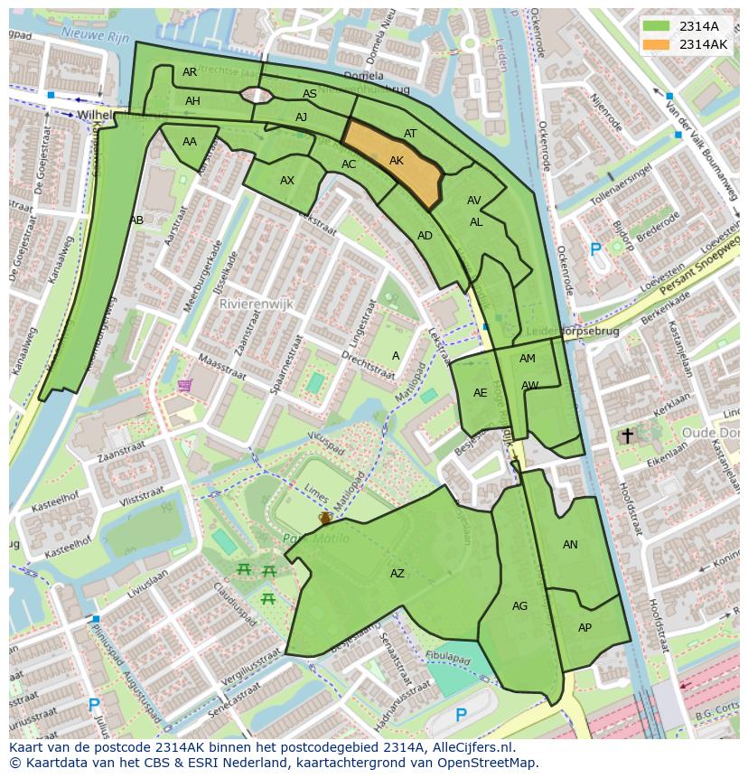 Afbeelding van het postcodegebied 2314 AK op de kaart.