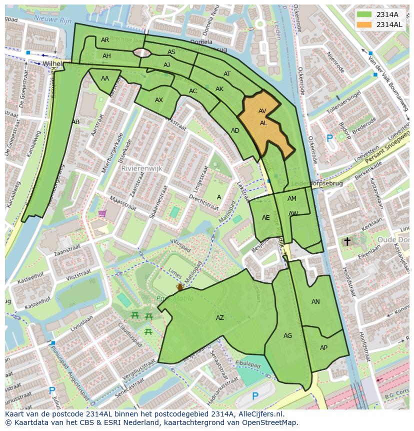 Afbeelding van het postcodegebied 2314 AL op de kaart.