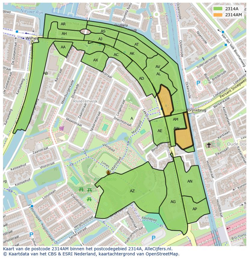Afbeelding van het postcodegebied 2314 AM op de kaart.