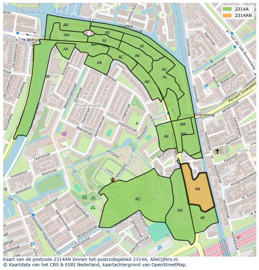 Afbeelding van het postcodegebied 2314 AN op de kaart.