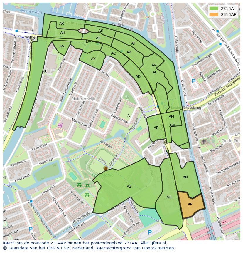 Afbeelding van het postcodegebied 2314 AP op de kaart.